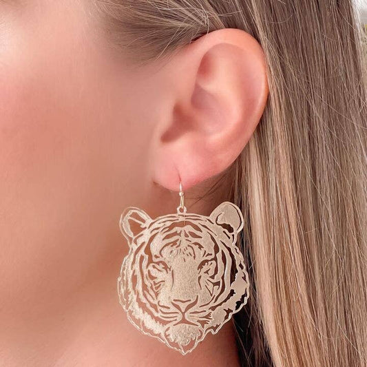 Filigree Tiger Dangle Earrings: Gold