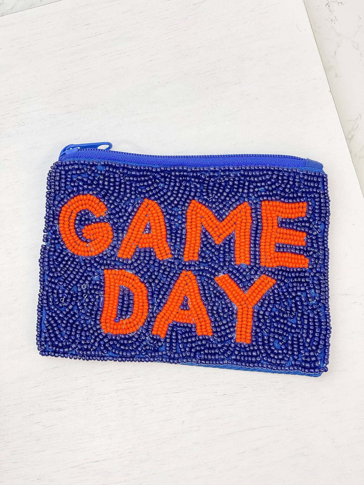 'Game Day' Beaded Zip Pouches - Blue & Orange