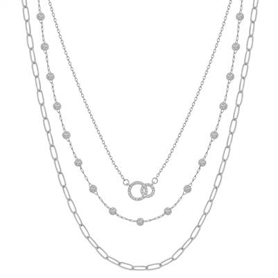 Silver Triple Layered Chain and Rhinestone Circle Necklace