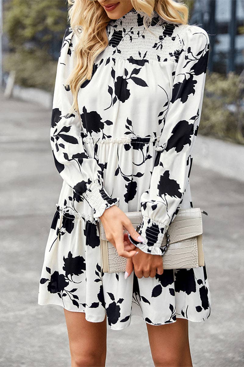 Floral Print Mock Neck Long Sleeve Dress