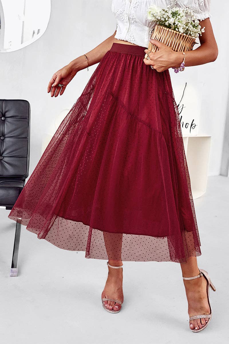 A-Line Solid Layered Gauze Tulle Midi Skirt: Wine