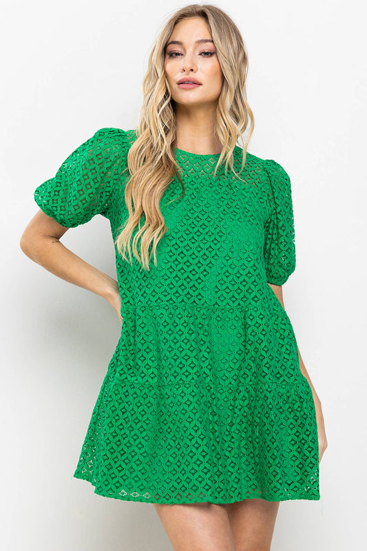 Lace Balloon Short Sleeve Tiered Mini Dress-Green