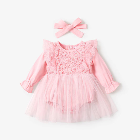 Pink 2pcs Baby Girl Lace and Mesh Romper