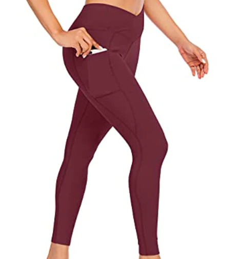 Maroon/Burgandy Crossover High Waisted Side Pocket Legging