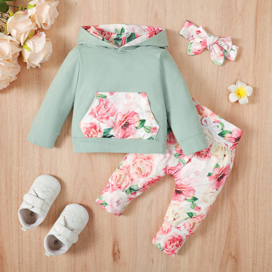 Light Green Floral Hoodie, Pants and Headband Set: 9-12 Months