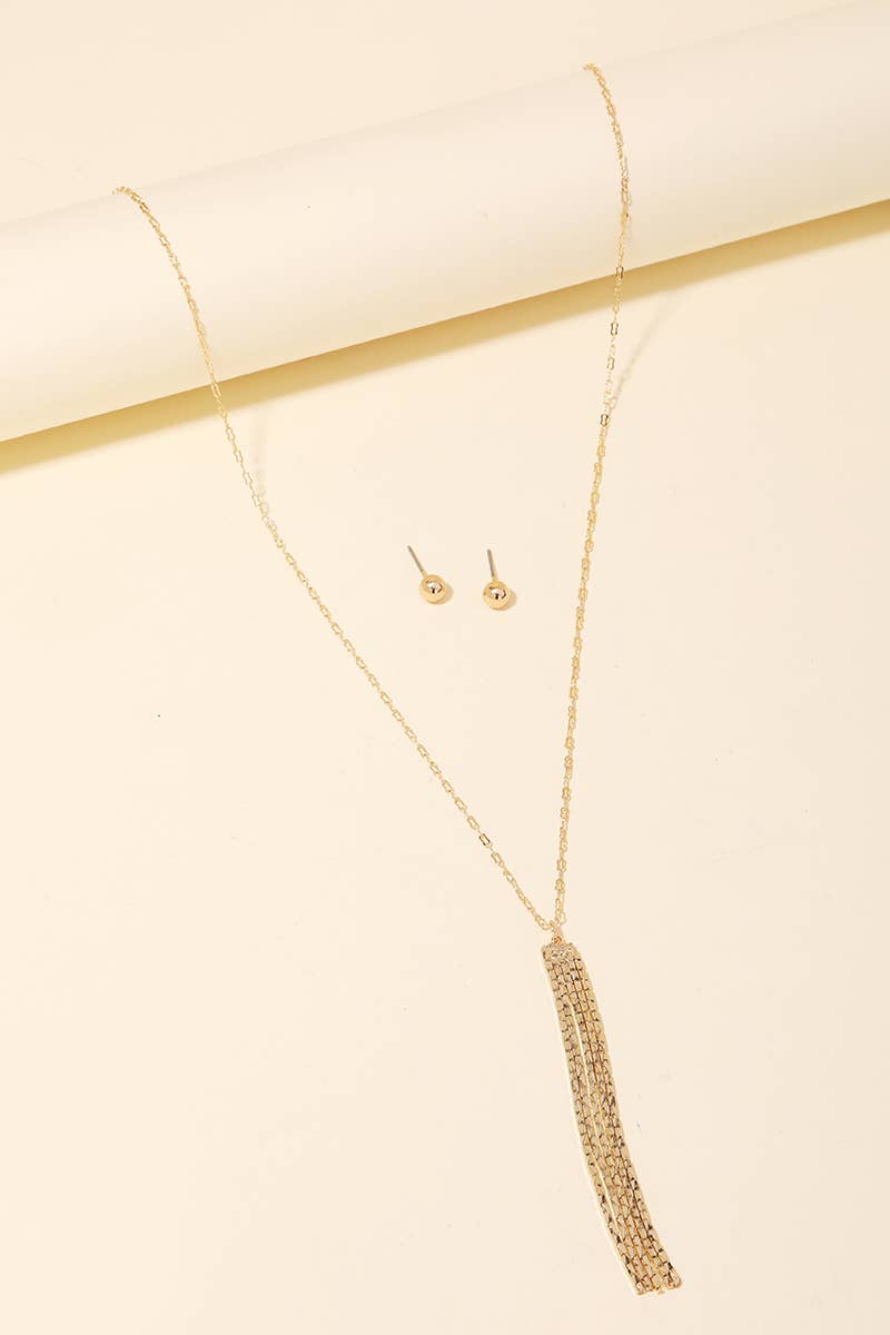 Long Chain Tassel Pendant Necklace Set: Gold Tone