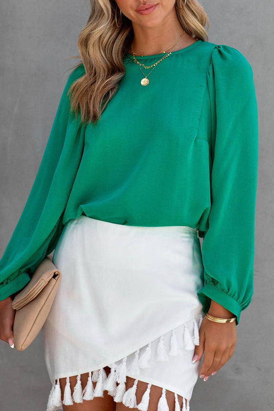 Sale Green Satin Puff Long Sleeve Crewneck Blouse: Green