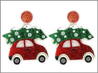 Acrylic Glitter Car with Christmas Tree 2" Earring