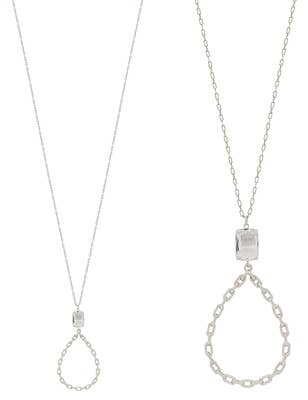 Clear Stone with Silver Open Chain Teardrop 32" Necklace