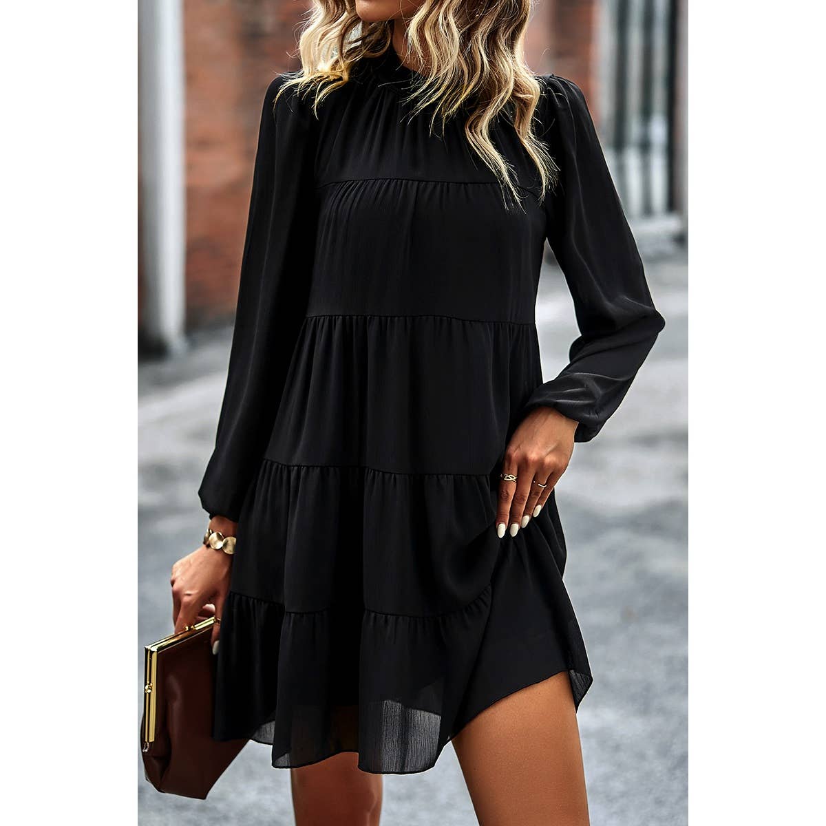 Solid Lined Color Block Loose Fit Dress:  Black