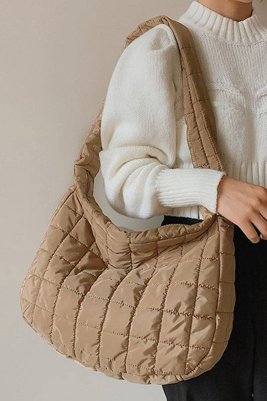 Quilted Zipper Large Shoulder Bag: Light French Beige