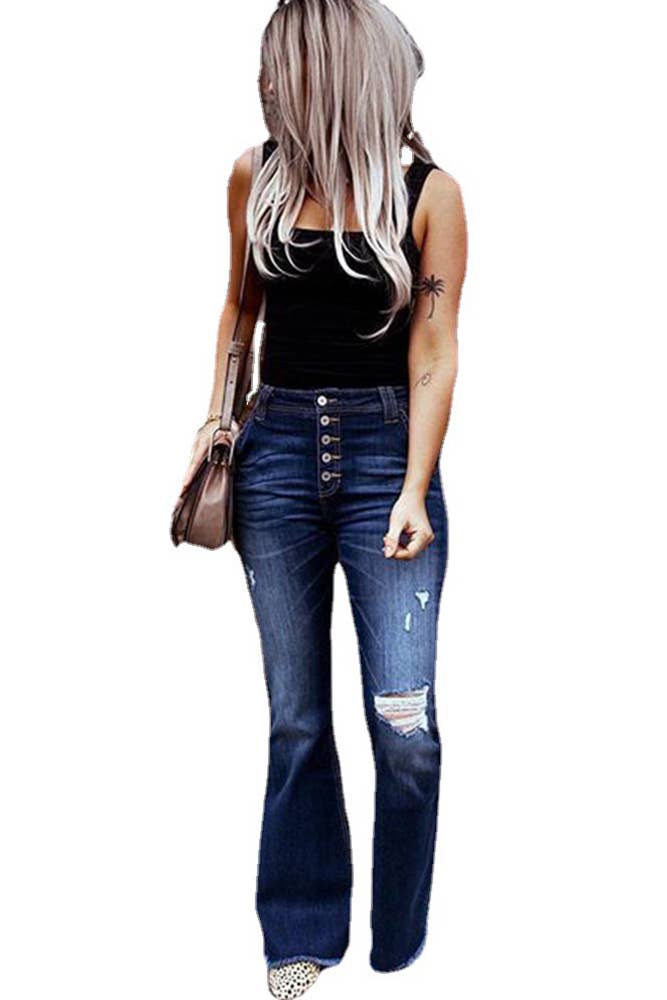 High Waist Distressed Bell Bottom Jeans