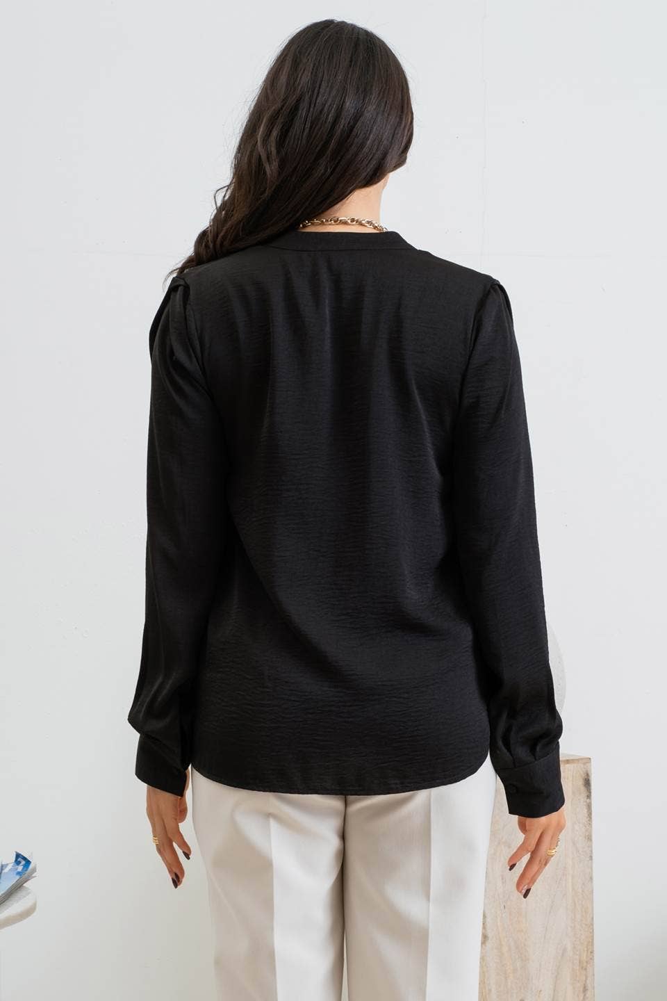 Black Split Neck Long Sleeve Top