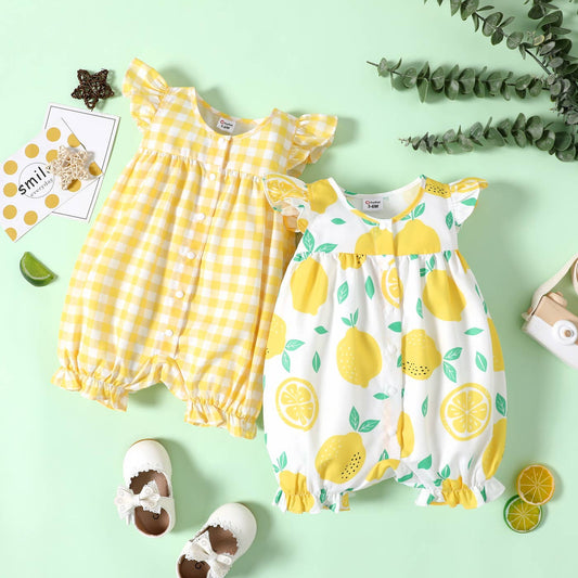 Baby Girl Allover Lemon Flutter-sleeve Romper