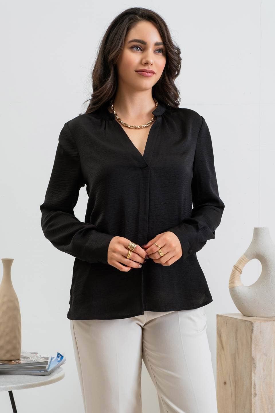 Black Split Neck Long Sleeve Top