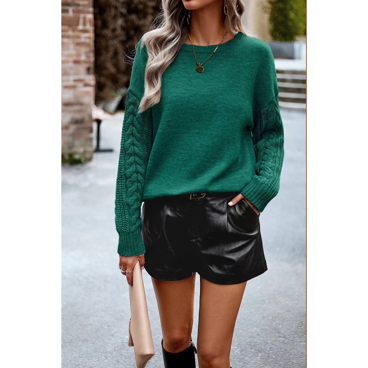 Knit Loose Fit Round Neck Cross Solid Sweater: Green