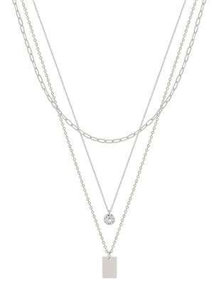 Silver Triple Layered Clear Stone and Rectangle Necklace