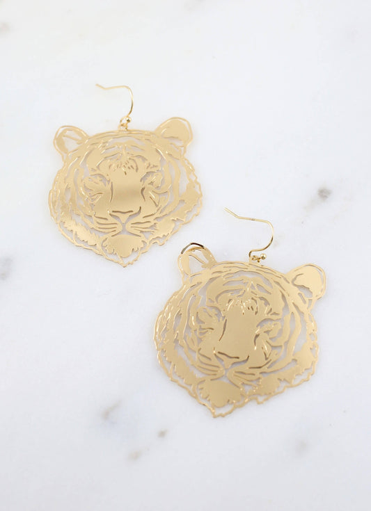 Bengal's Roar Metal Tiger Earring-Gold
