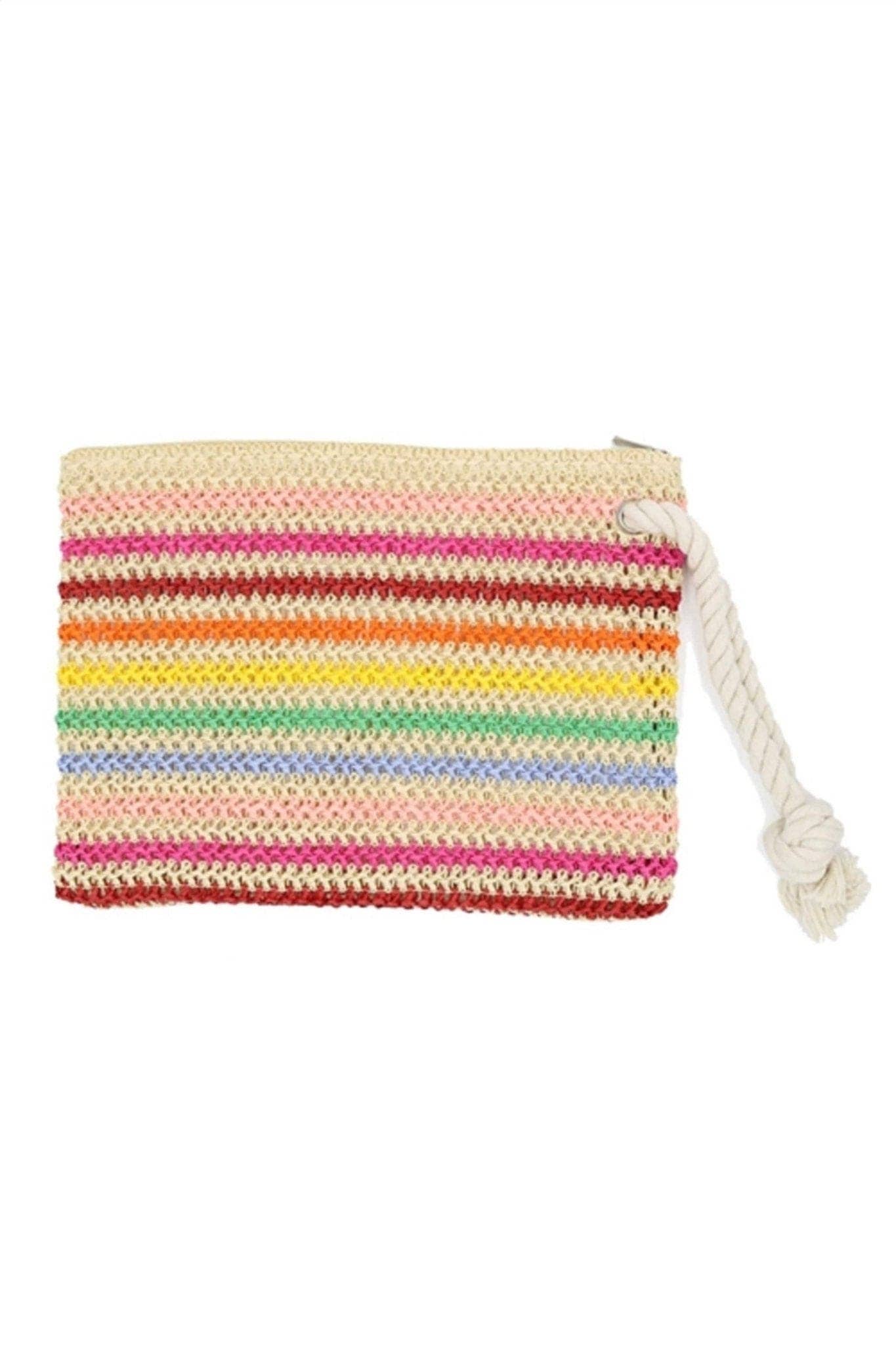 Rope Handle Rainbow Striped Crochet Pouch