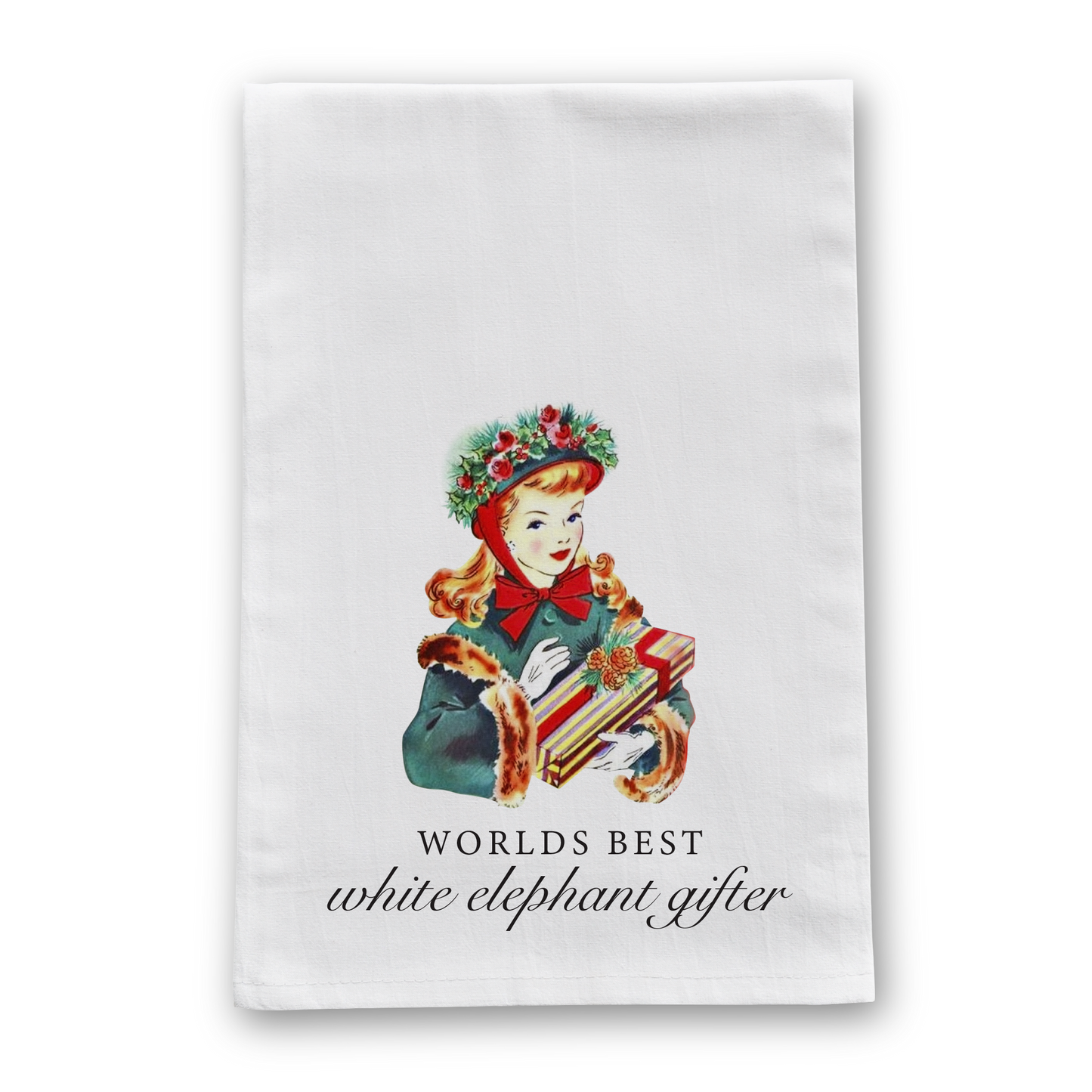 Worlds Best White Elephant Gifter Christmas Tea Towel