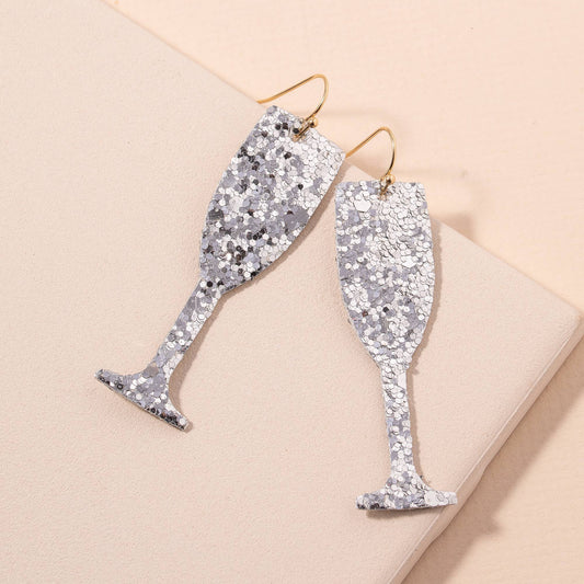 Glitter Champagne Glass Dangling Earrings:  Silver