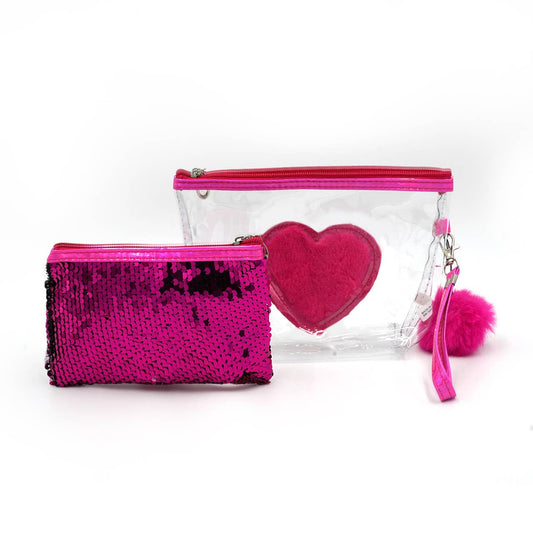 2 Pc Pink Sequin Heart Cosmetic Bag Set