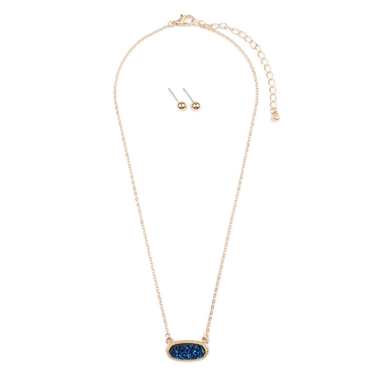 Druzy Oval Stone Pendant Necklace and Earring Set: Blue