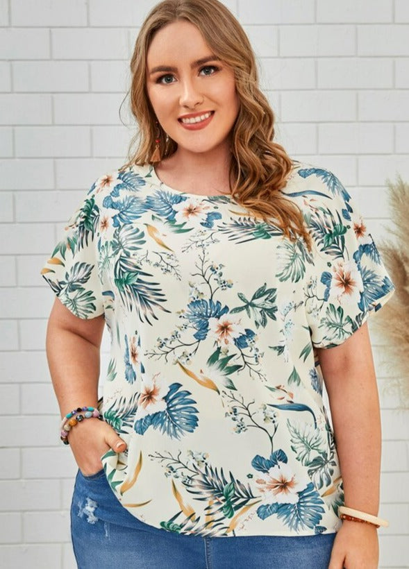 Cream Tropical Floral Print Batwing Sleeve Blouse Plus Sized