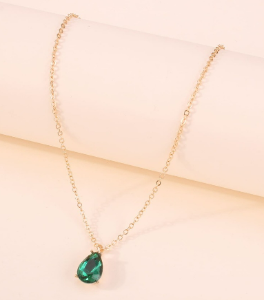 Green Rhinestone Water Drop Charm Necklace