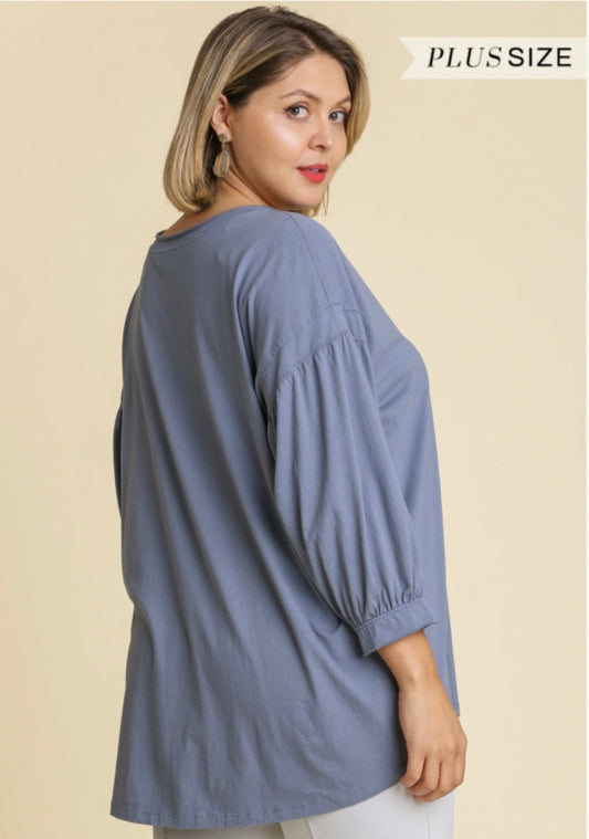 SALE "Blue Ash" Color 3/4 Balloon Sleeve Basic Top with Scoop Neck and Gathered Details