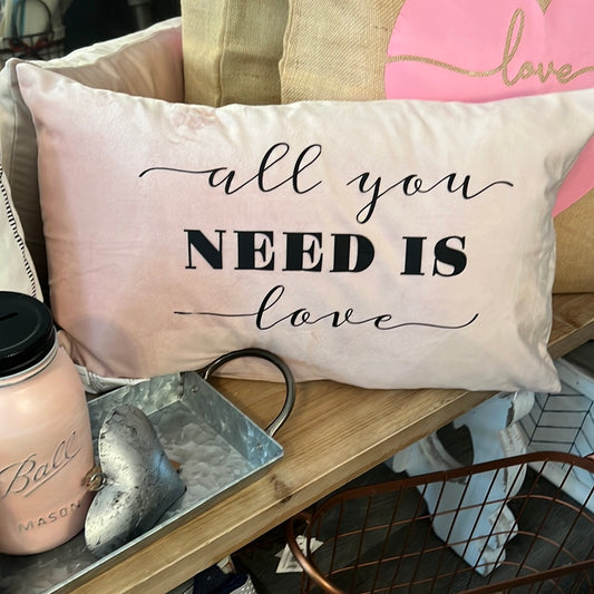 "All You Need is Love" Pink Velvet 12x20 Pillow