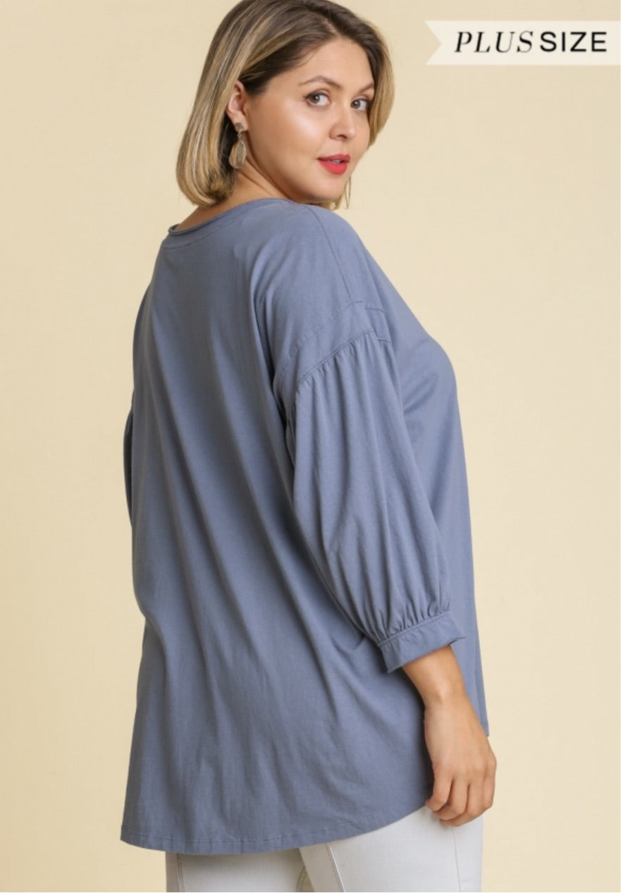 SALE "Blue Ash" Color 3/4 Balloon Sleeve Basic Top with Scoop Neck and Gathered Details