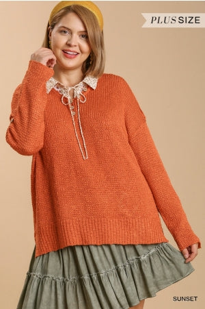 SALE Sunset Colored V-Neck Knitted Pullover Sweater with High Low Scoop Hem