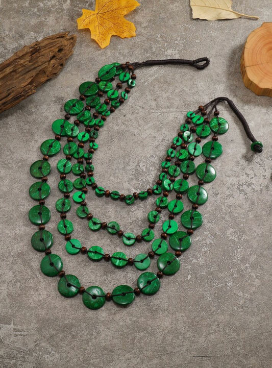 Green Wooden Beaded Layered Necklace