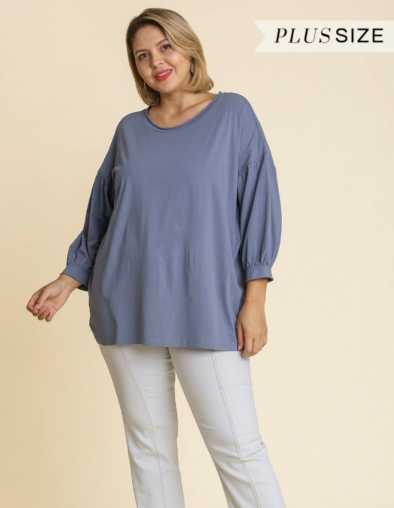 SALE "Blue Ash" Color 3/4 Balloon Sleeve Basic Top with Scoop Neck and Gathered Details