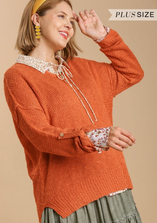 SALE Sunset Colored V-Neck Knitted Pullover Sweater with High Low Scoop Hem