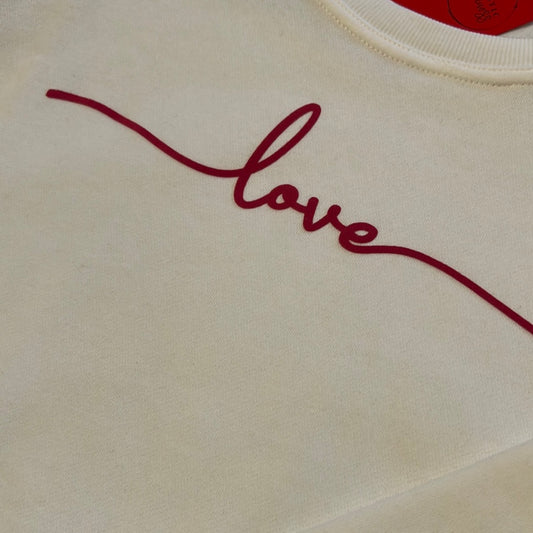 Valentines White Crewneck Sweatshirt with Script "Love" in Pink