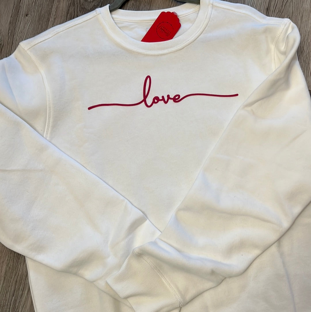 Valentines White Crewneck Sweatshirt with Script "Love" in Pink