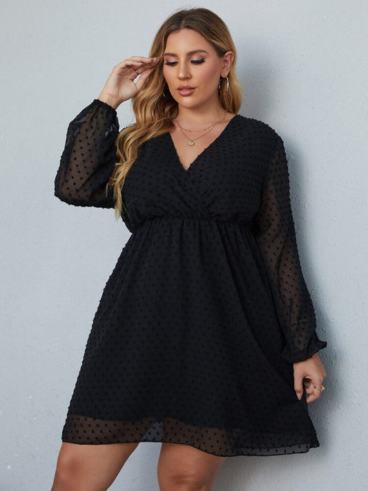 SALE Black Swiss Dot Overlap Collar Bishop Sleeve Dress