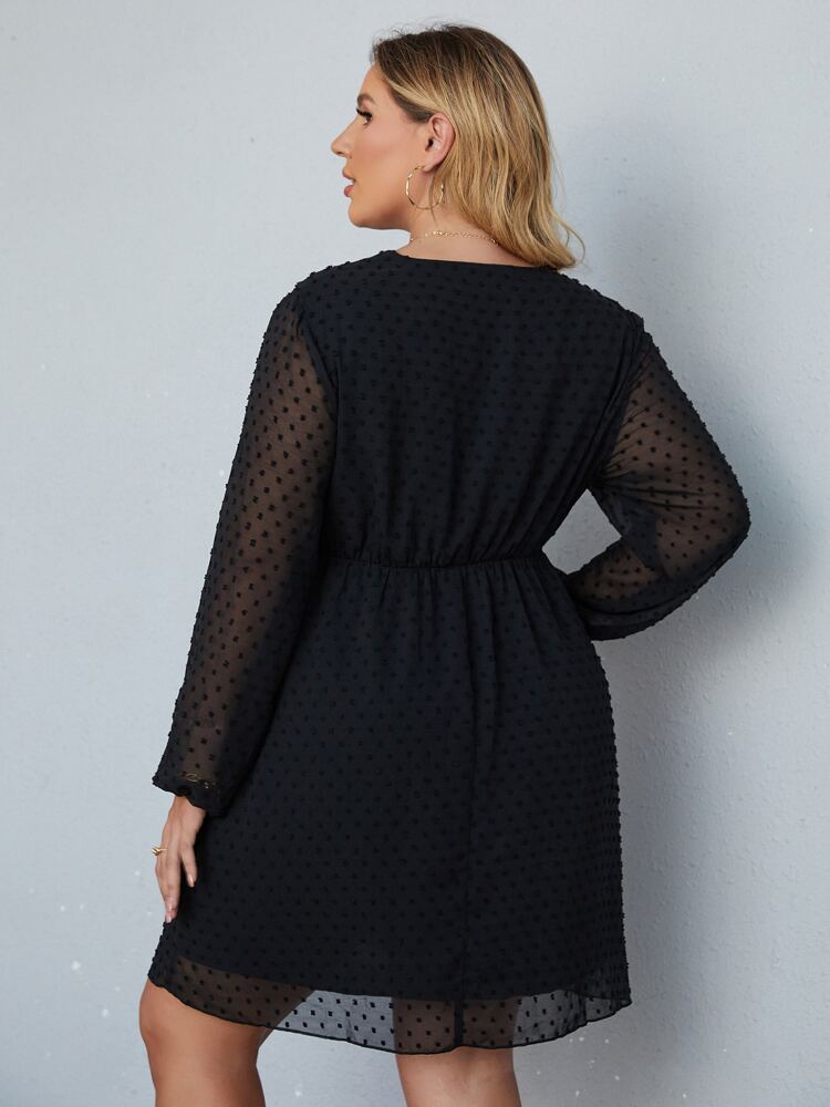 SALE Black Swiss Dot Overlap Collar Bishop Sleeve Dress