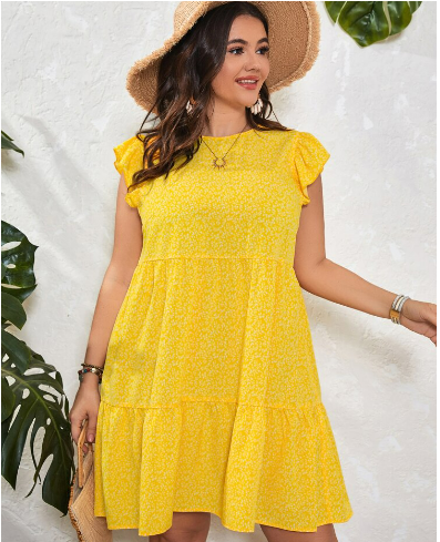 SALE Yellow Allover Plants Print Ruffle Hem Smock Dress-Plus