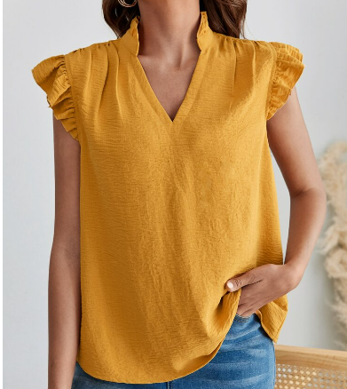 Notched Neckline Ruffle Trim with Ruffled Cap Sleeve Blouse